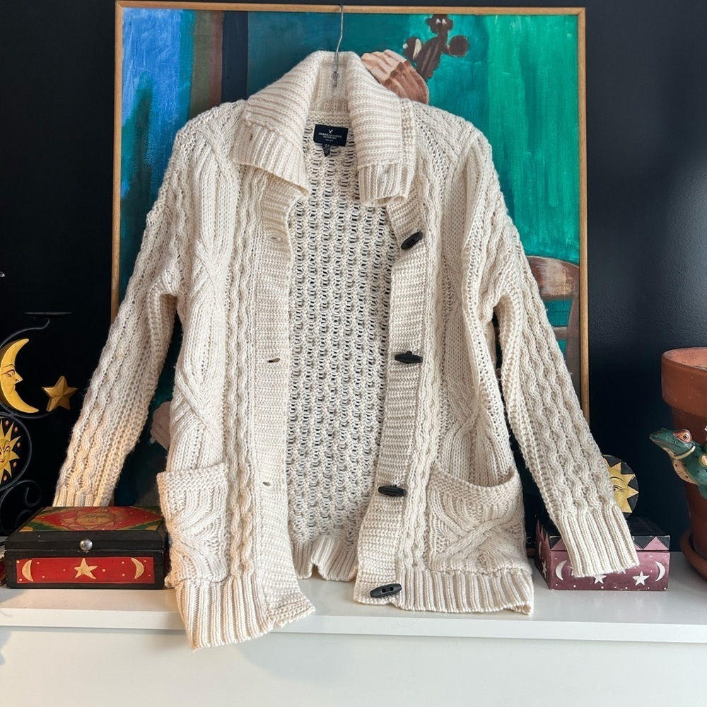 American Eagle Outfitters Cream Cable Knit Cardigan Sweater